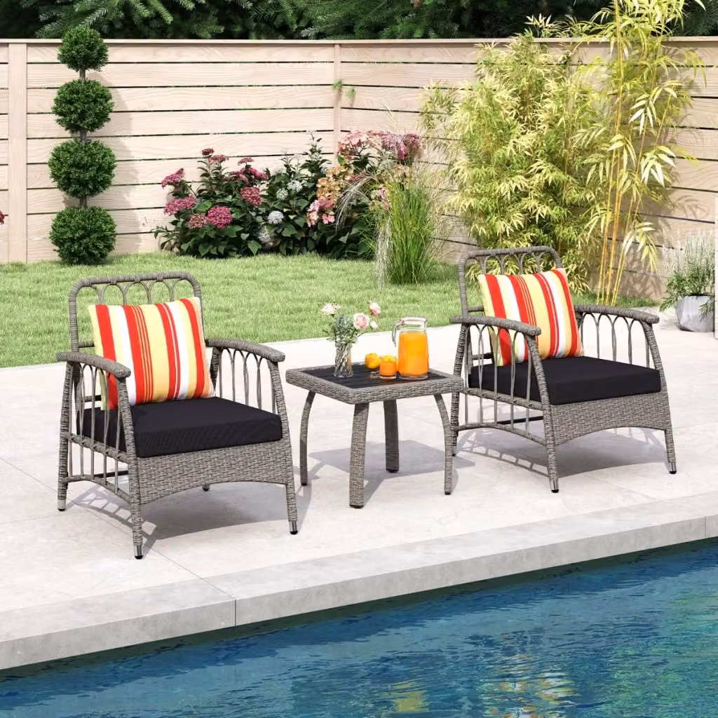 Set da giardino Design Mania in polyrattan grigio con tavolino da caffè e cuscini imbottiti per esterno – 2