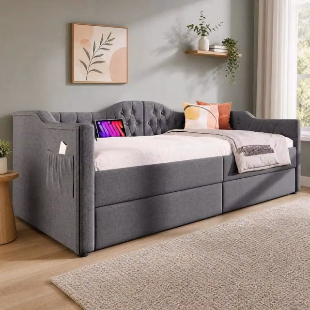 Letto singolo moderno con 2 cassetti e porte di ricarica USB e Type-C, grigio, L/P/H: 90 x 190 x 105 cm