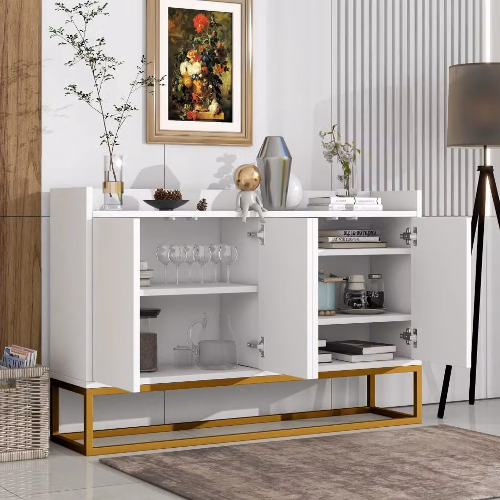 Credenza moderna con 4 ante e 2 ripiani regolabili in MDF e metallo, apertura a pressione, colore bianco, L: 120 cm, H: 80 cm, P: 30 cm – 2