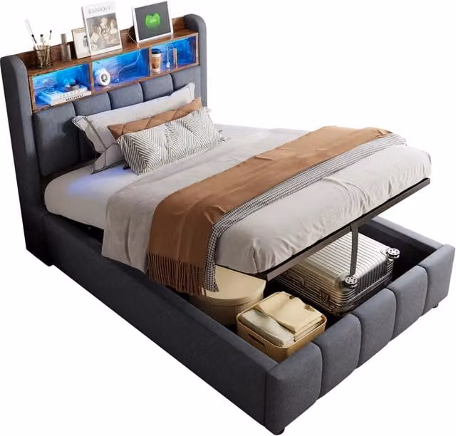 Letto singolo imbottito 90x200 cm con materasso; LED; USB-C e contenitore; grigio