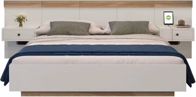 Letto matrimoniale 160x200 cm con due comodini integrati; LED e prese USB/USB-C; rovere Sonoma e bianco