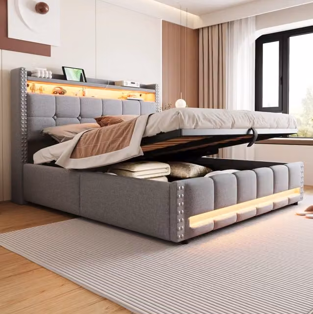 Letto matrimoniale 160x200 cm grigio chiaro in tessuto effetto lino - testiera con ripiani