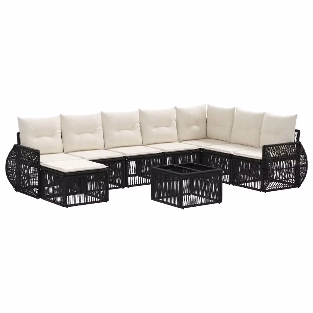 Set Divano da Giardino L-Shape vidaXL in Polyrattan Nero e Bianco con Cuscini e Tavolino da 9 Pezzi – 2