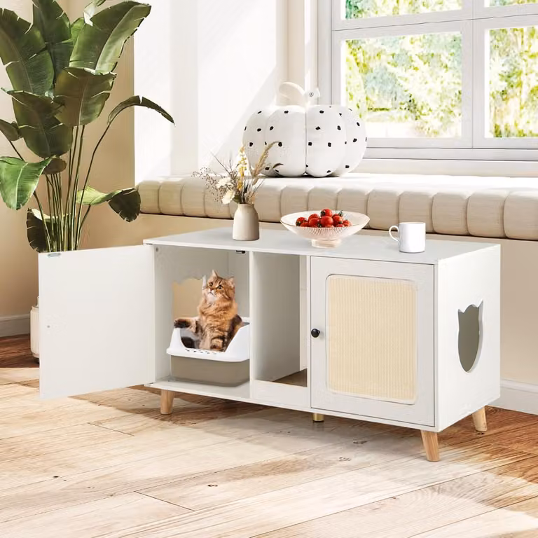 Lettiera per gatti Costway con toilette nascosta, mobile moderno in legno bianco per 2 gatti