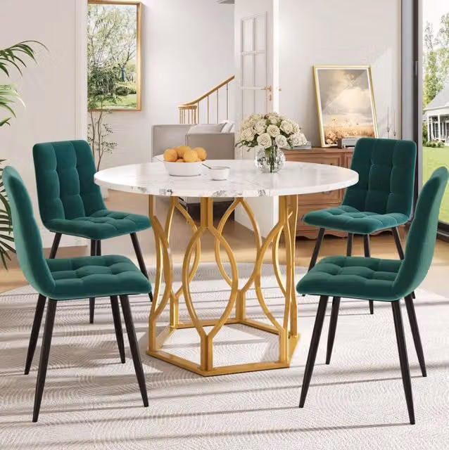 Set tavolo rotondo 100 cm con 4 sedie in velluto verde scuro e metallo dorato