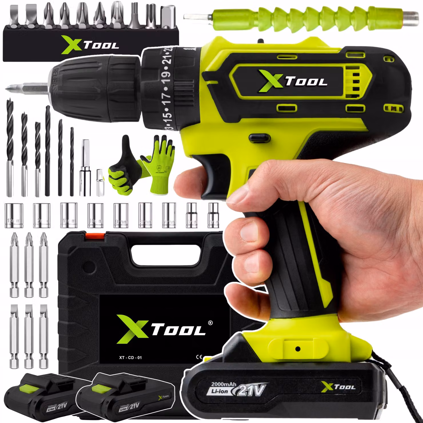 XTool | Trapano avvitatore a percussione a batteria - 800 W - 21 V - 2 batterie - Luce a LED - Set di punte da trapano