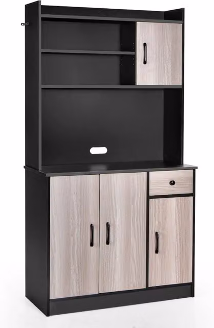 Armadio da cucina alto-Buffet-Armadio da cucina 180cm con stazione di ricarica integrata, Buffet con vetrina piano per microonde cassetto Nero