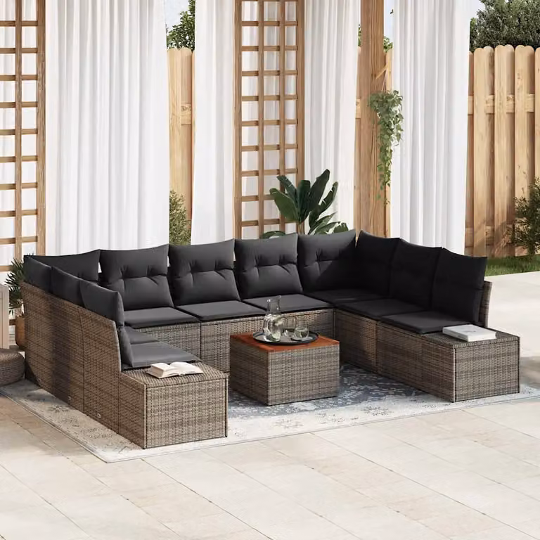 Set Divano da Giardino vidaXL 10 Pezzi Grigio con Cuscini e Tavolino da Esterno in Polyrattan e Acciaio