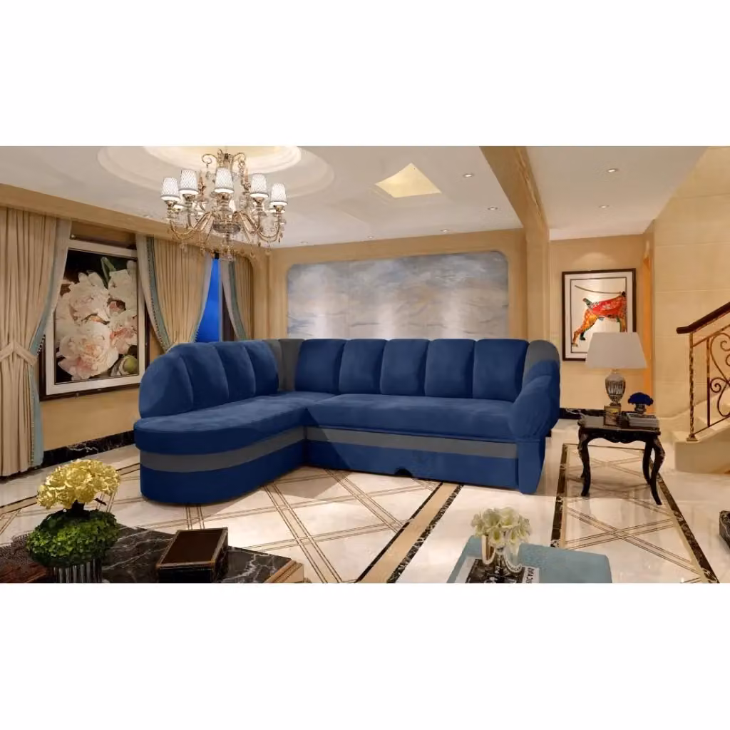 Divano angolare sinistro convertibile BENANA MEUBLORAMA blu e grigio con contenitore e funzione letto L/P/H: 250 x 180 x 85 cm – 2