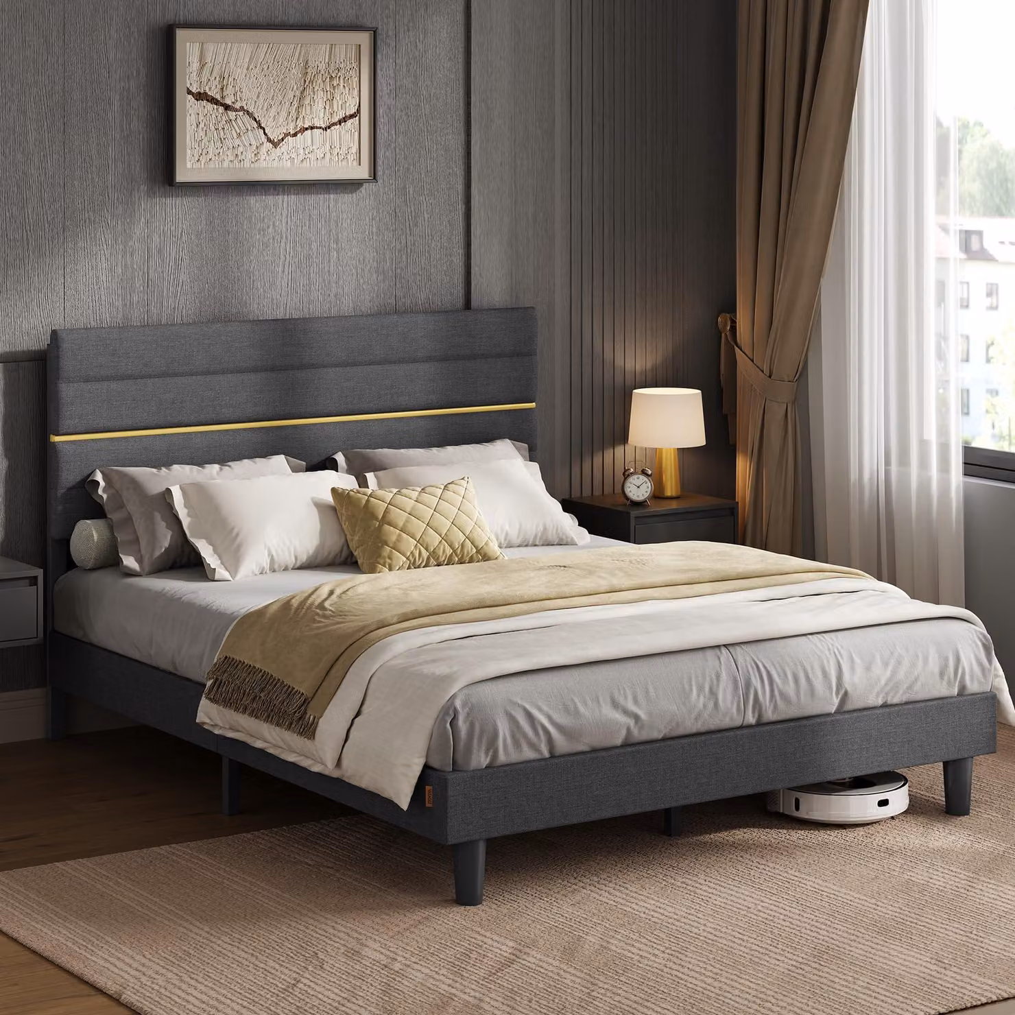Letto imbottito VASAGLE, struttura per letto matrimoniale, 160 x 200 cm, acciaio, MDF