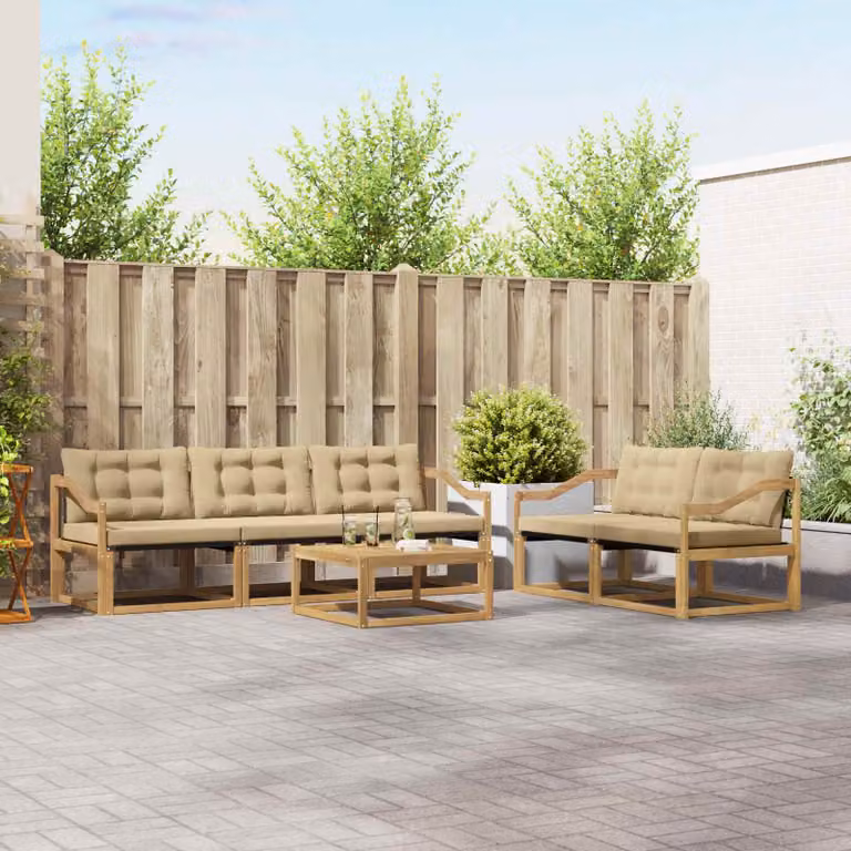 Set di divani da esterno vidaXL a forma di L composto da 6 pezzi con tavolino da caffè, in legno di acacia trattato e tessuto textilene, colore bianco e beige