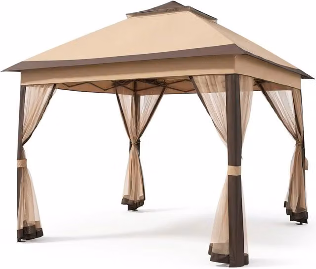 Gazebo da giardino pop up Arreditaly con zanzariere removibili, colore beige, L/P/H: 333 x 333 x 270-290 cm