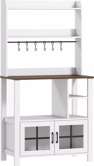 Credenza da cucina HOMCOM bianca con 2 ante in vetro, 6 ganci per tazze e ripiani aperti, L 80 x P 40 x H 152 cm – 1
