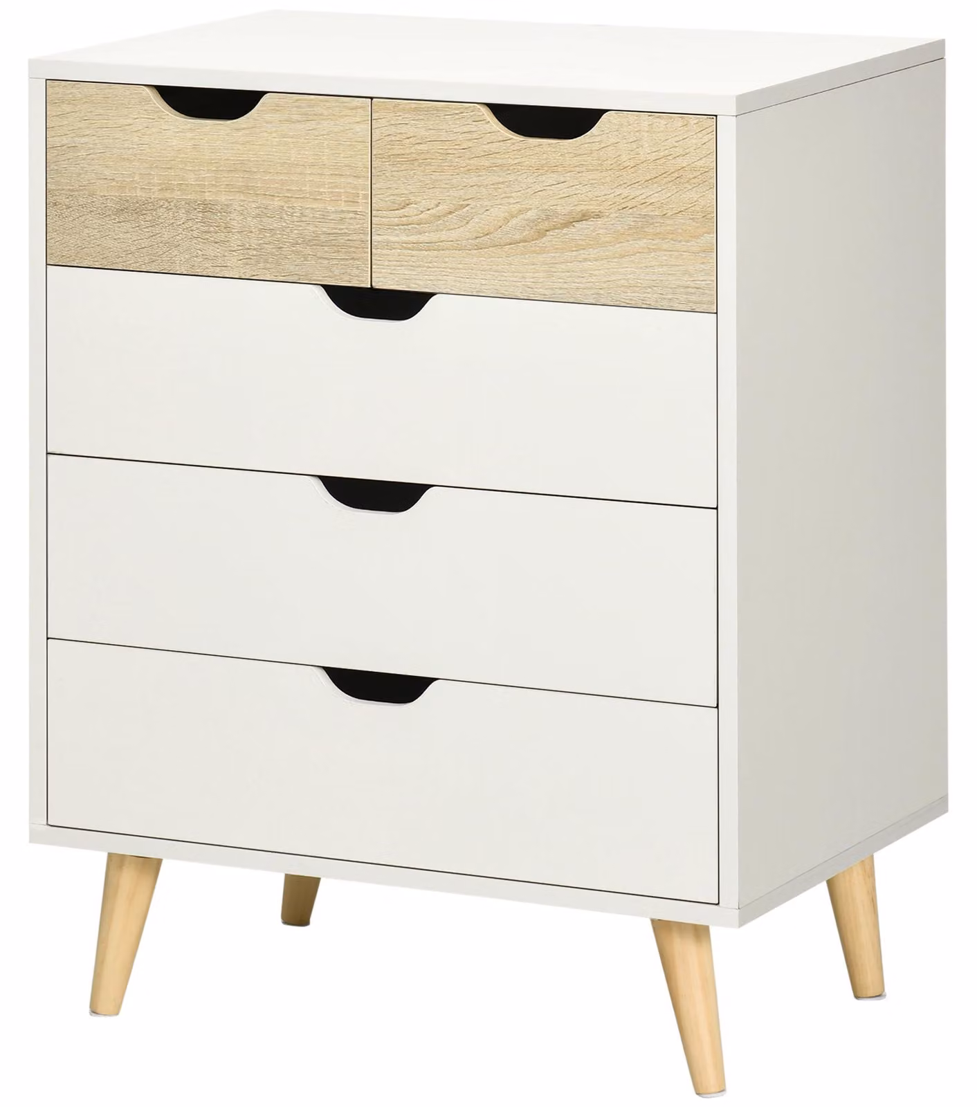 Cassettiera a 5 Cassetti per Camera da Letto con Maniglie Intagliate 60x40x77,5 cm in Legno Melaminico e Legno di Pino Bianco