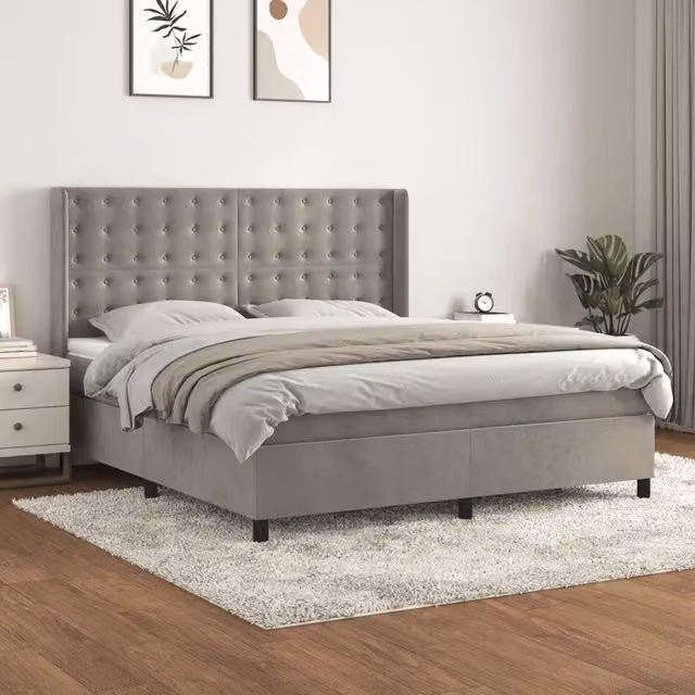 Letto a Molle Ibrido vidaXL con Materasso in Velluto Grigio e Bianco, Struttura in Legno di Larice, L/P/H: 160 x 200 x 128 cm