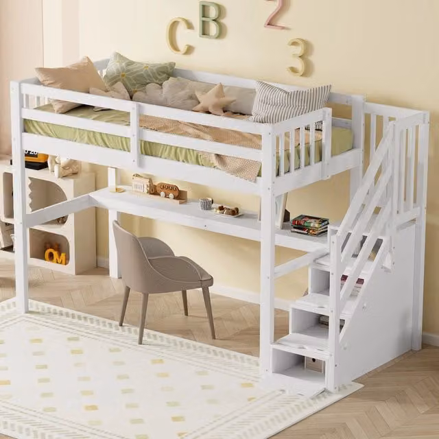 Letto a soppalco singolo per bambini 90×200 cm con cassetti, scrivania e libreria, senza materasso, pino bianco