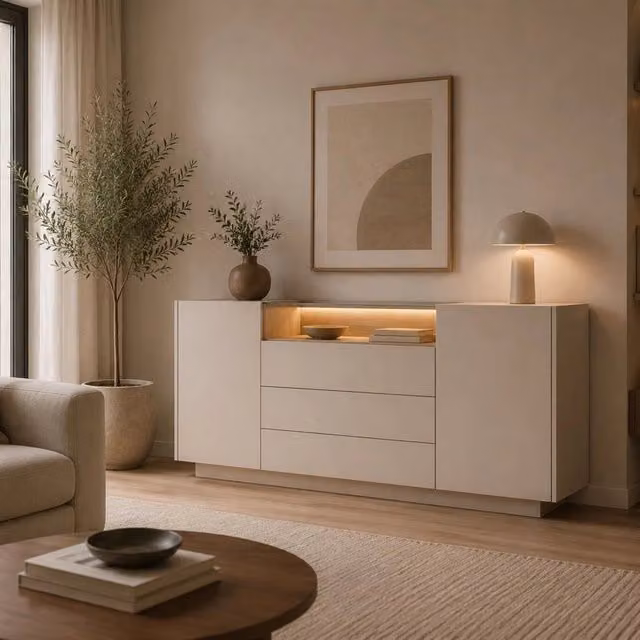 Madia DMORA in rovere beige e marrone con illuminazione integrata, L: 176 cm, P: 57,5 cm, H: 83 cm – 1