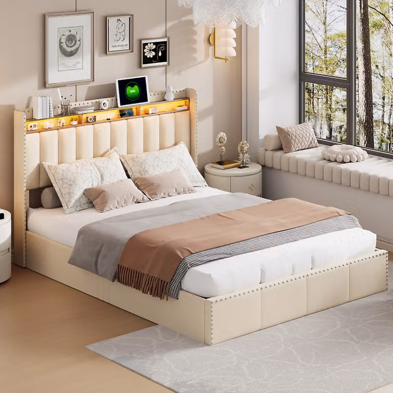 Letto imbottito 140x200 cm con illuminazione a LED, rete a doghe e porta USB di tipo C, color beige