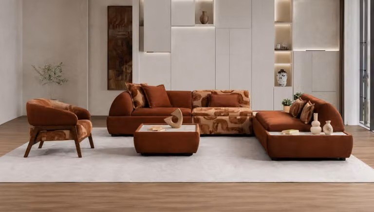 Divano ad angolo a forma di "L", poltrona, pouf, tavolino da caffè, colore marrone, soggiorno spazioso