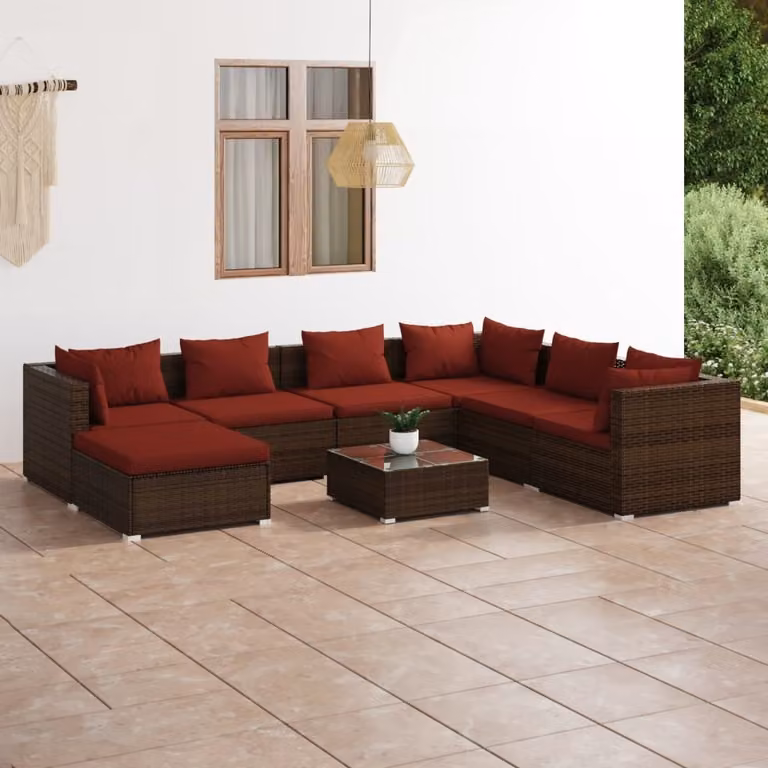 The Living Store Set salotto da giardino 8 pezzi con cuscini in poly rattan marrone