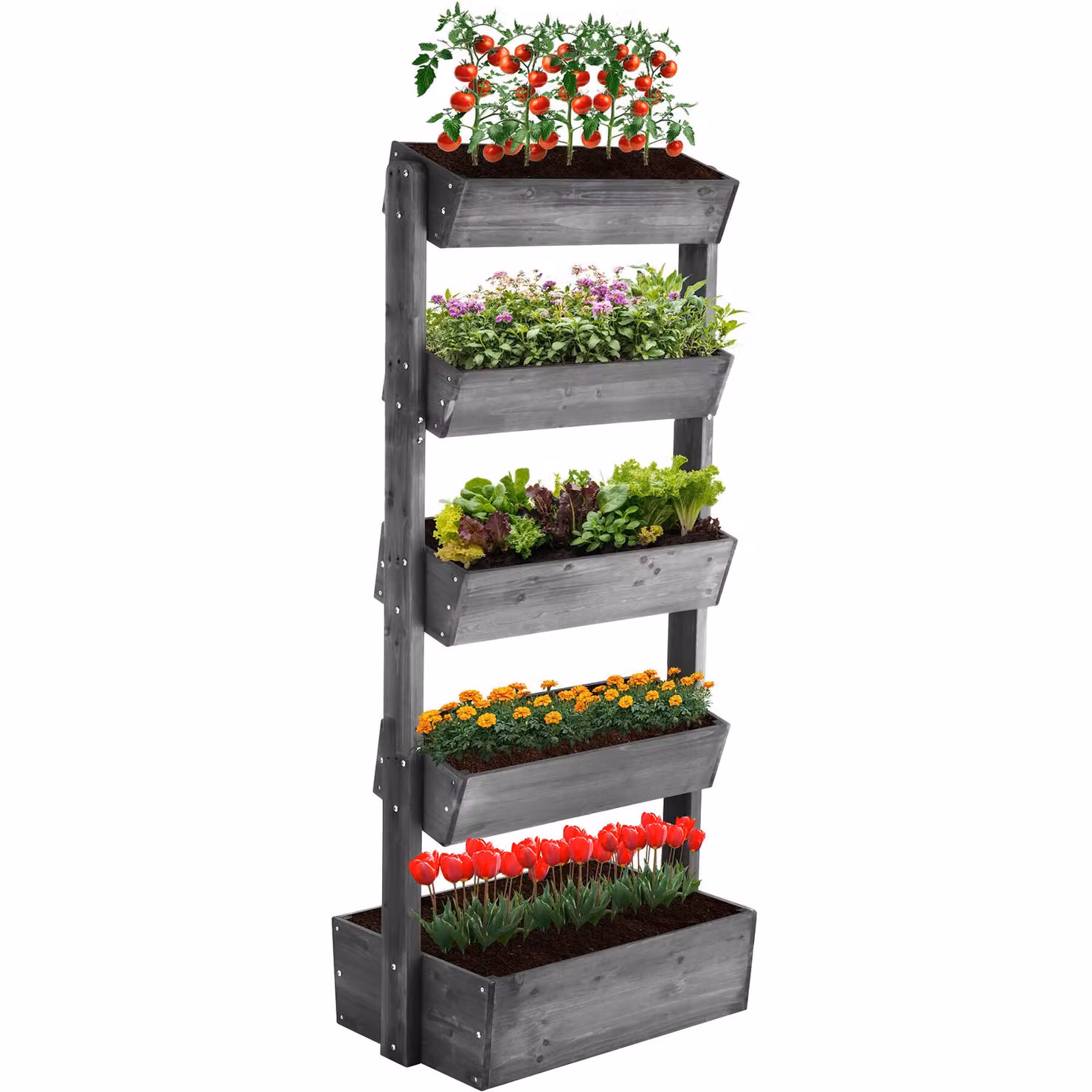 Aiuola verticale Tectake Flora in legno verniciato con tessuto non tessuto per piante, grigio, L: 81 cm, P: 52 cm, H: 180 cm – 3