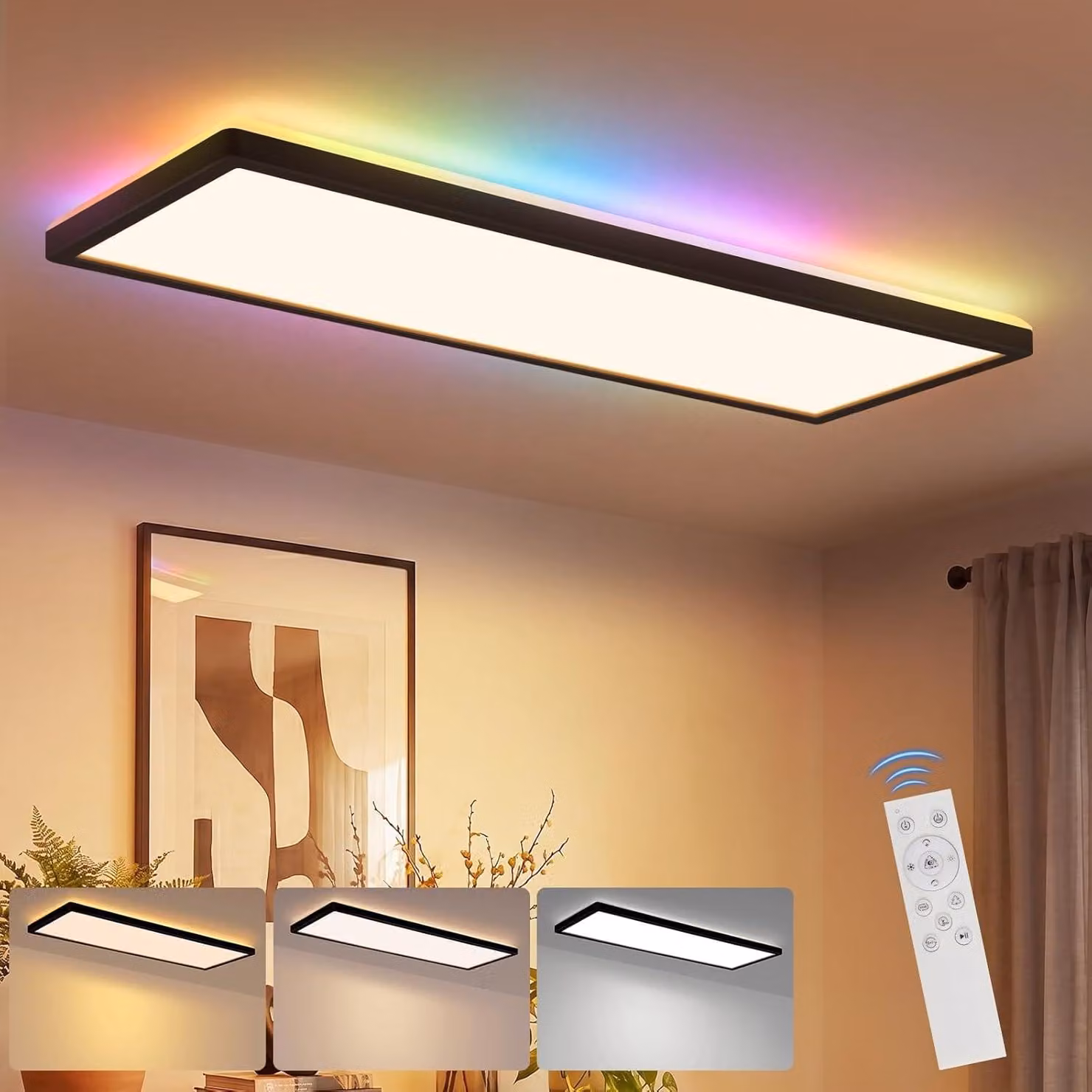 Pannello LED ZMH 58x20 RGB dimmerabile, pannello da soffitto dimmerabile, lampada a luce diurna, retroilluminazione, cambio colore, lampada da ufficio, lampada da soffitto da ufficio a profilo piatto, 22 W, per officina e corridoio
