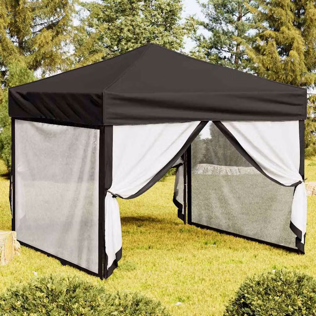 vidaXL Tenda per feste pieghevole con pareti laterali in poliestere e acciaio, Nero, L: 3 x P: 3 x H: 2,45 m