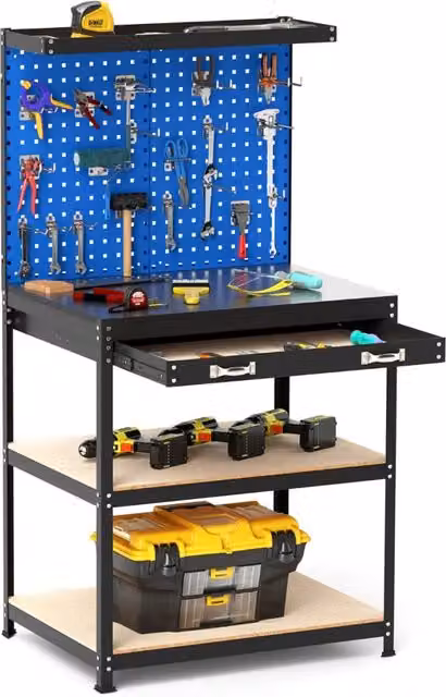 Banco da lavoro in metallo con 2 pegboard, cassetto e mensole Blu Navy L: 225 cm, P: 81 cm, H: 41 cm – 1