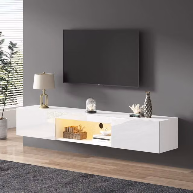 Mobile TV sospeso moderno bianco lucido con illuminazione LED e gestione cavi L: 160 cm, P: 31 cm, H: 22 cm