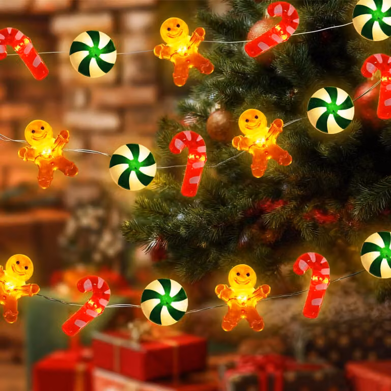 Catena luminosa natalizia, 3 metri, 30 LED, decorata con motivi di omini di pan di zenzero e bastoncini di zucchero
