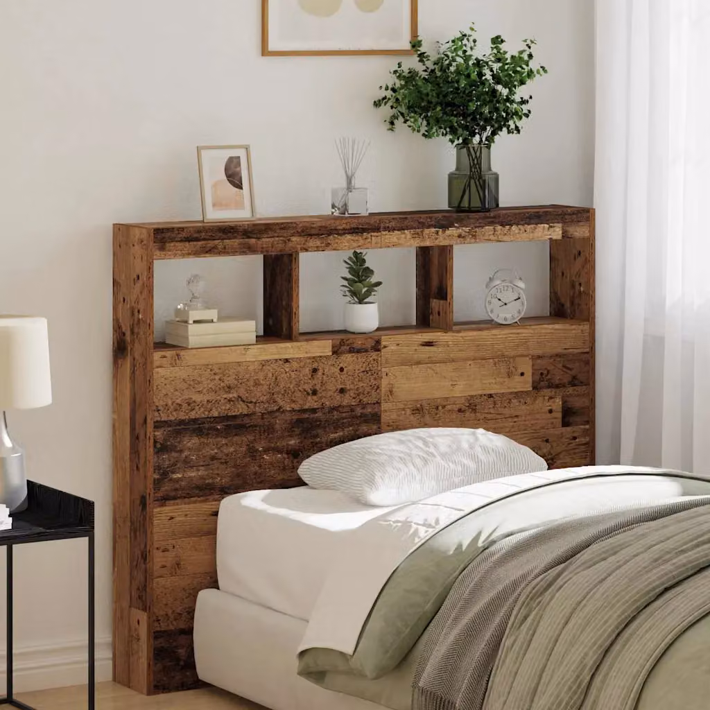 Testiera per letto moderna vidaXL in legno ingegnerizzato marrone con illuminazione integrata, mensola e porta di ricarica USB, L: 120 cm, H: 102 cm, P: 17 cm