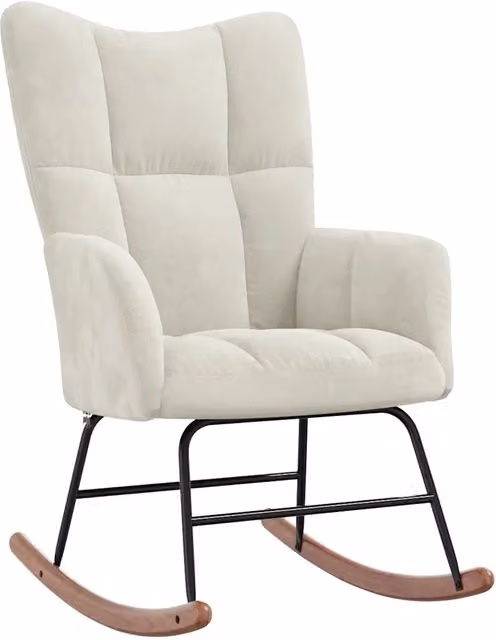 Sedia a Dondolo Moderna in Velluto Crema con Braccioli e Struttura Mix Beige H 98 x L 78 x P 61 cm