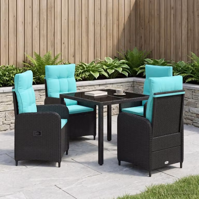 Set da pranzo per esterni vidaXL in polyrattan da 5 pezzi con tavolo in vetro, nero e turchese