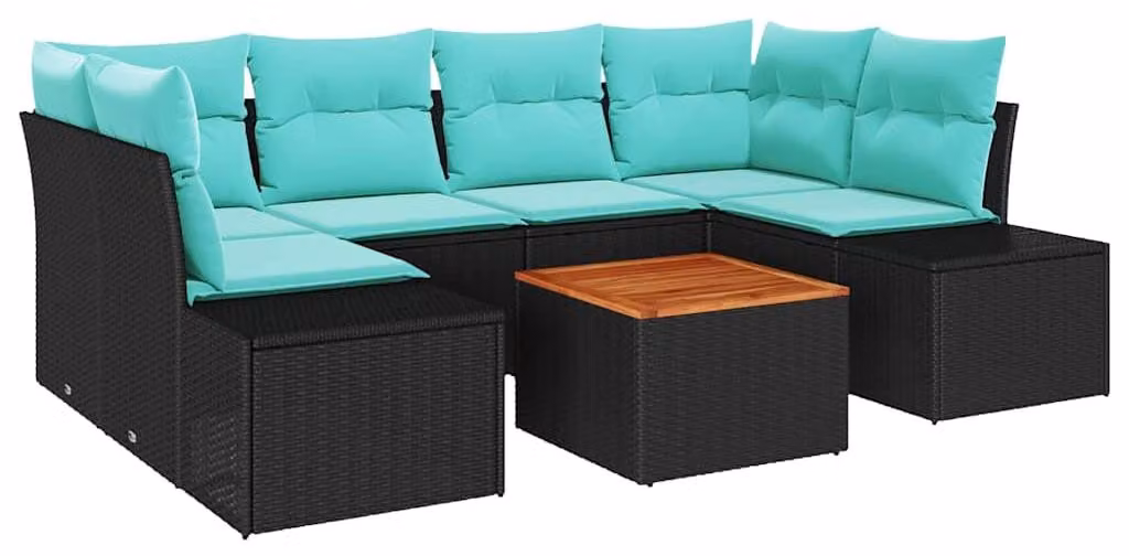 Set da giardino composto da 7 pezzi, colore nero, realizzato in rattan sintetico
