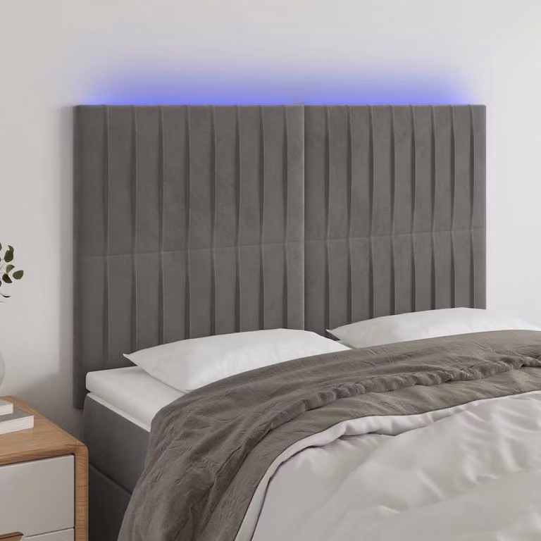 Testiera per letto vidaXL in velluto grigio con illuminazione LED e porta USB, L: 144 cm, P: 5 cm, H: 118/128 cm