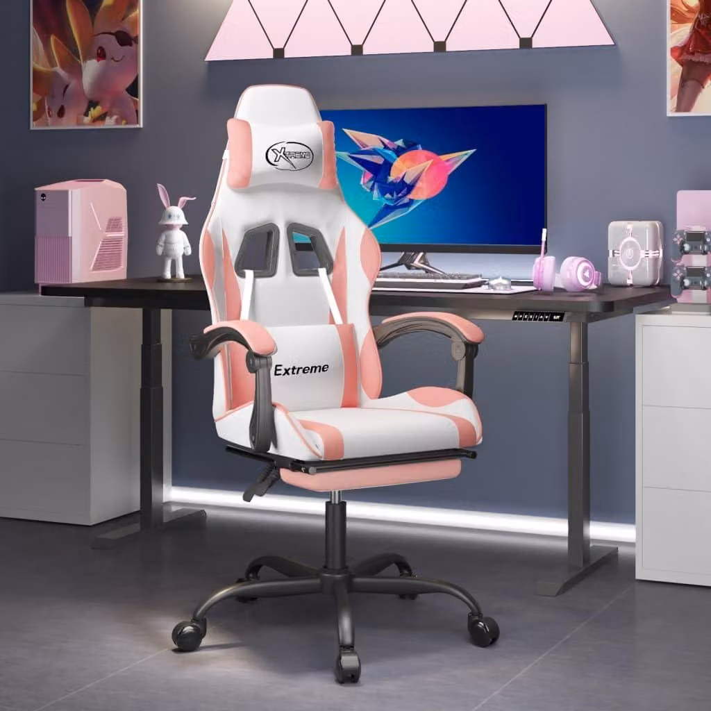 Sedia da gaming elegante, nei colori bianco e rosa – Schienale e poggiapiedi regolabili – Rivestita in ecopelle
