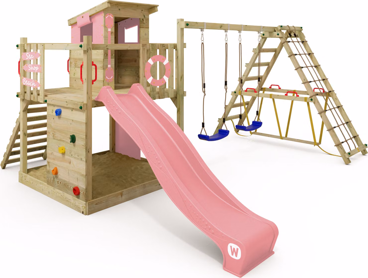 Torre da arrampicata Wickey Smart Surf con scivolo e struttura aggiuntiva per arrampicata, colore rosa chiaro