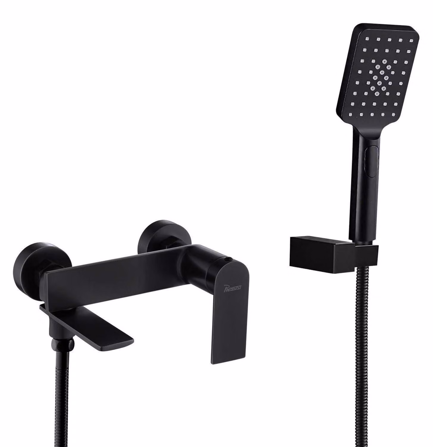 Miscelatore per vasca da bagno con doccetta manuale, montaggio a parete, colore nero, realizzato in ottone, con bocchetta girevole a 90°