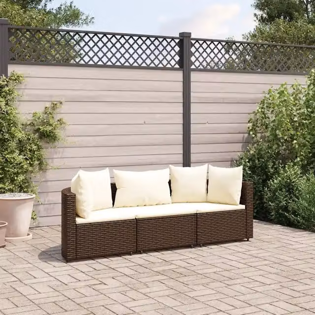 Set Divano da Giardino 3 posti vidaXL in Polyrattan Marrone con Cuscini e Struttura in Acciaio Verniciato a Polvere – 1