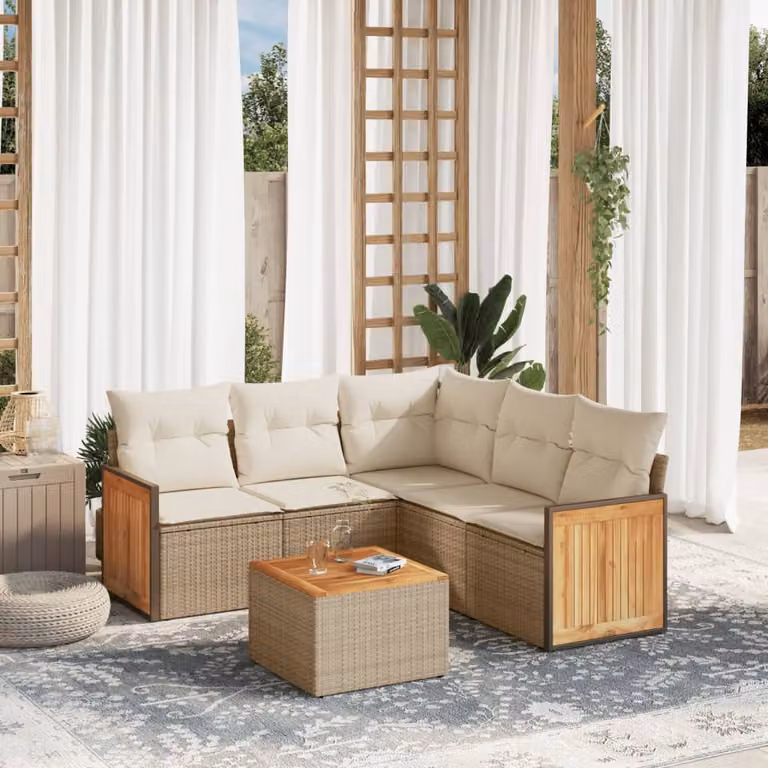 vidaXL Set Divano da Giardino 6 pz a L in Polyrattan con Cuscini Beige e Tavolino da Esterno