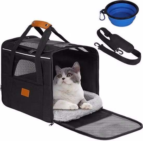 Borsa trasportino per cani e gatti, traspirante, con tracolla regolabile, design pieghevole per un ingombro ridotto e imbottitura morbida, adatta a cani di grossa taglia e cuccioli fino a 7 kg, colore nero