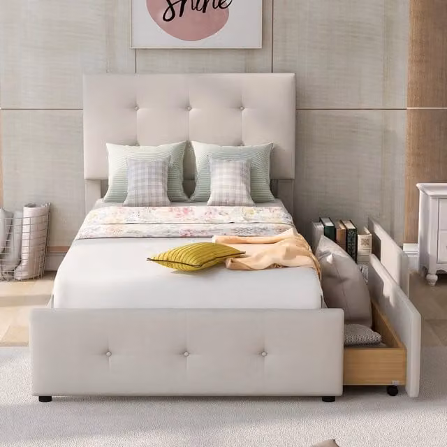 Letto 90x200 cm - Xylo - Testiera imbottita 2 cassetti velluto beige