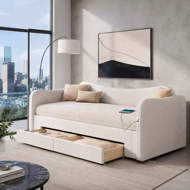 Letto da giorno imbottito beige 90x200 cm estensibile 180x200 cm con cassetti e USB-C