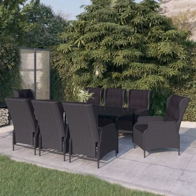 Set da pranzo da giardino moderno vidaXL in metallo e rattan con piano in vetro, 9 pezzi, Grigio e Nero