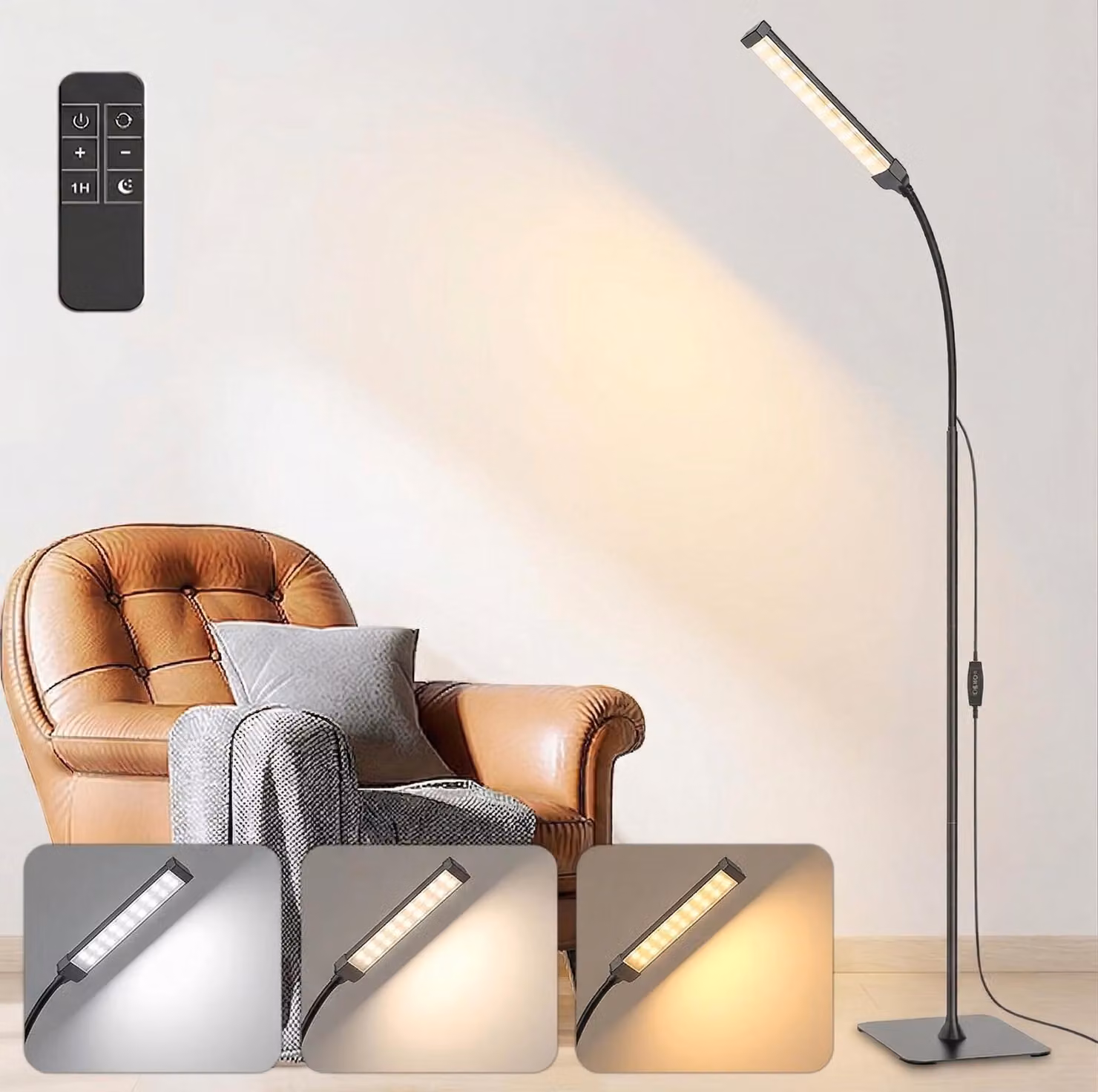 Lampada da terra a LED dimmerabile con 3 tonalità di luce, lampada da lettura da 10 W, braccio flessibile regolabile in altezza, lampada da angolo con timer per camera da letto, soggiorno e ufficio