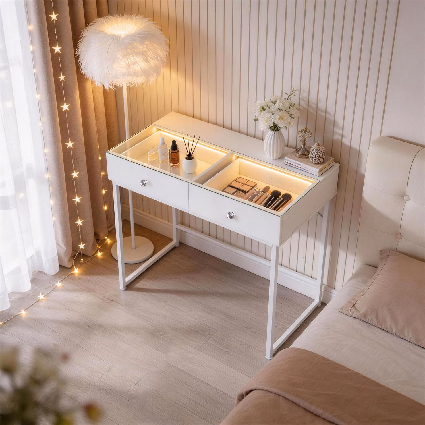 Tavolino da trucco VANITII con illuminazione LED, 2 cassetti, bianco, 100 x 55 x 81 cm