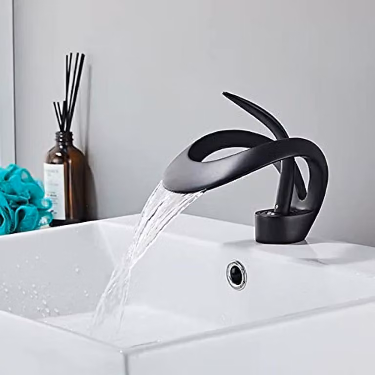 Miscelatore per lavabo a cascata, nero, in ottone, per bassa pressione
