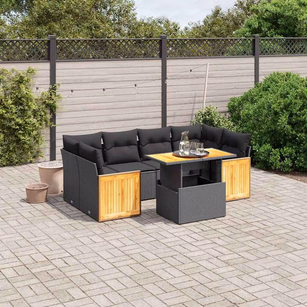 Set Divani da Giardino vidaXL a Forma di L con Cuscini e Tavolino, 7 Pezzi in Polyrattan Nero e Legno di Acacia – 1
