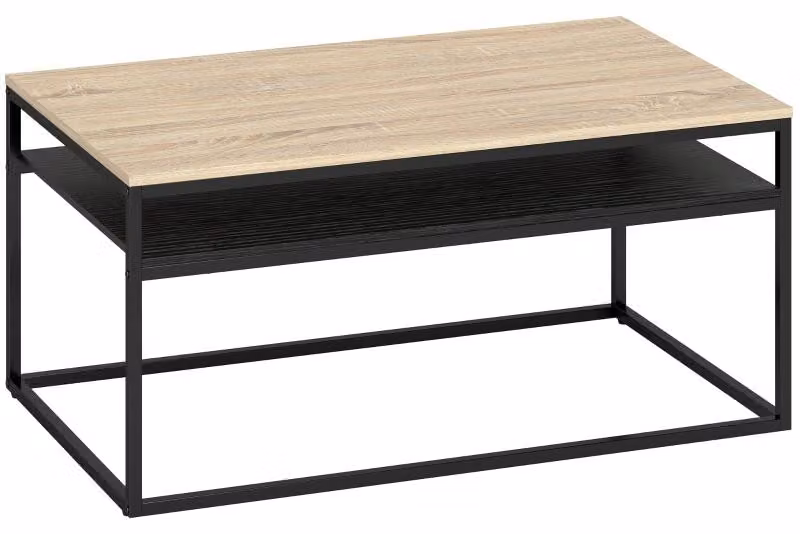 Tavolino Moonbite, dimensioni 100 x 59,8 cm, aspetto legno di quercia, con ripiano aperto, due livelli, piedini regolabili, stile industriale, realizzato in pannello di particelle di legno, finitura quercia