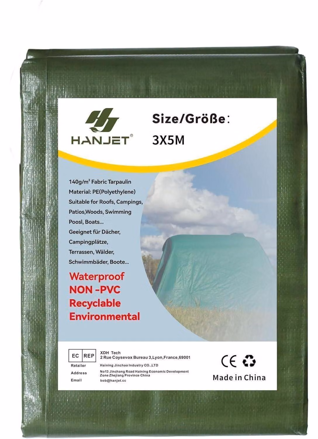 Telo in polietilene (PE), verde, impermeabile, resistente, riciclabile, peso 140 g/m², dimensioni 3 x 5 metri